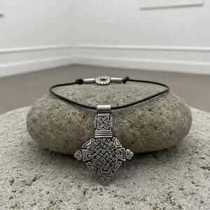 Alice Seely Pewter Pendant Necklace-Black Cord-Southwestern-Signed-Tribal Style